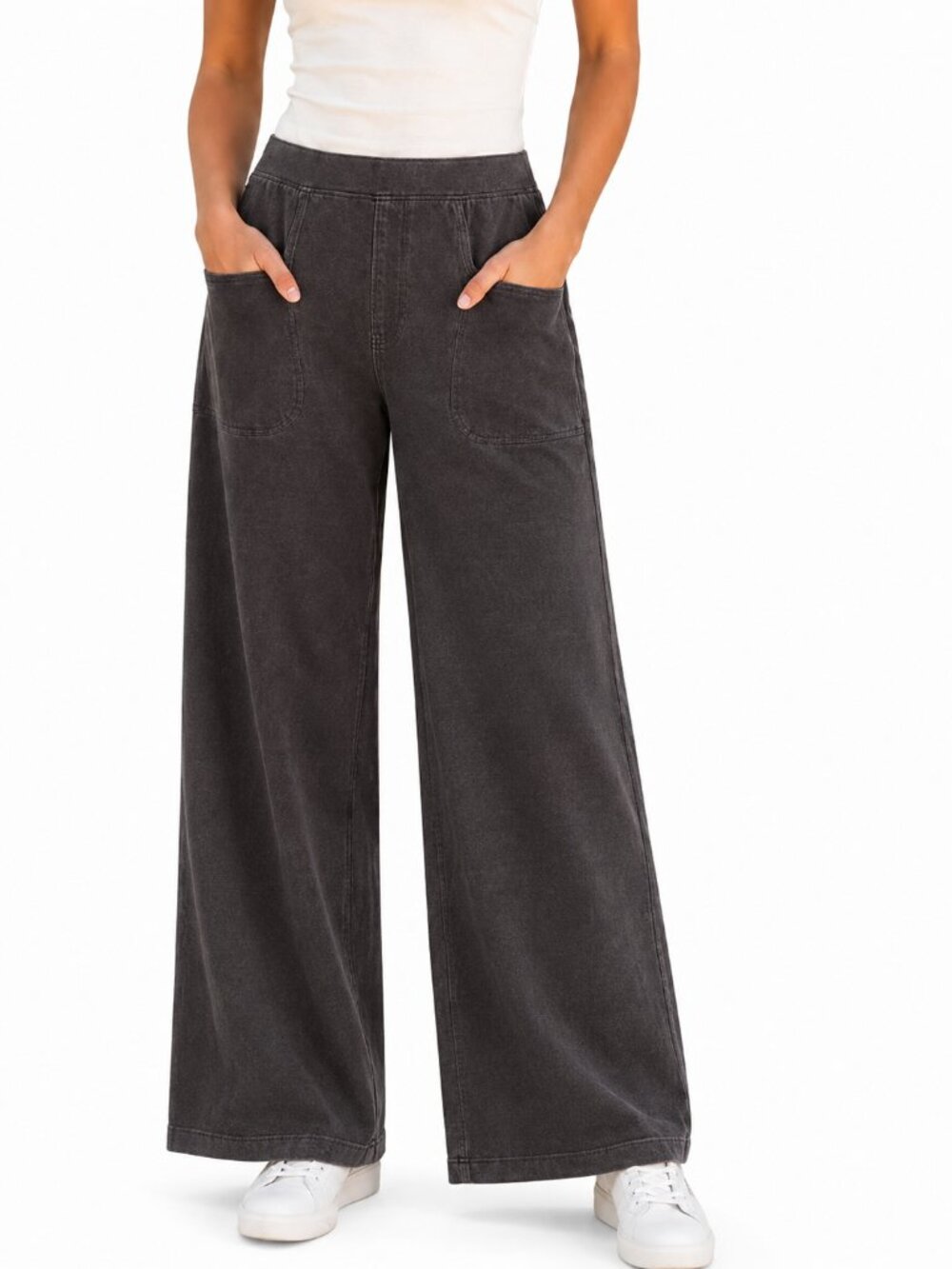Pull-on cotton rich wide leg pants, soft brown